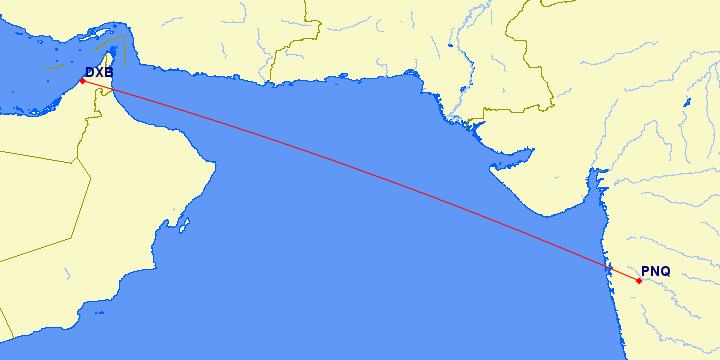 shortest flight path from Dubai to Pune/Poona (India)