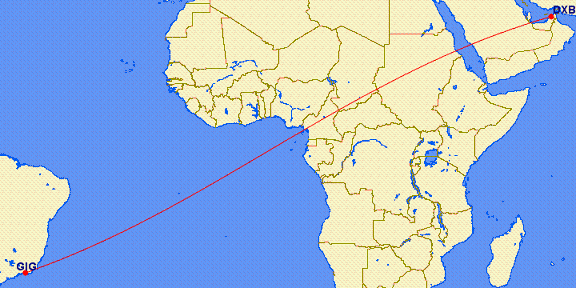 shortest flight path from Dubai to Rio de Janeiro (Brazil)