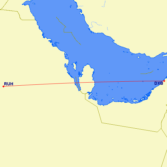 shortest flight path from Dubai to Riyadh (Saudi Arabia)