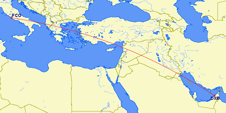 shortest flight path from Dubai to Rome (Italy)