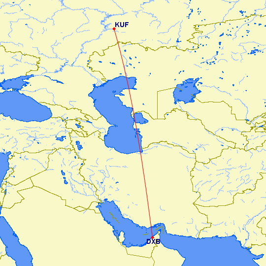 shortest flight path from Dubai to Samara (Russia)