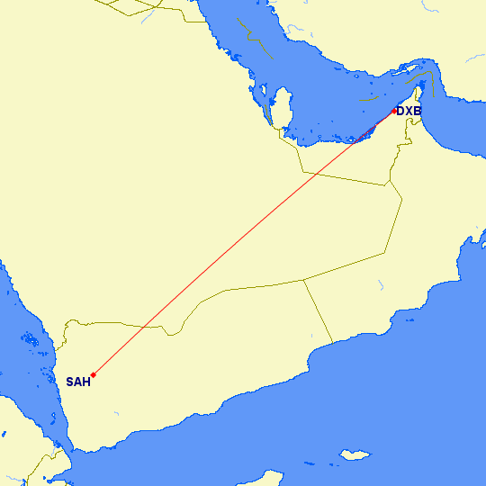 flight path from Dubai to Sana'a (Yemen)