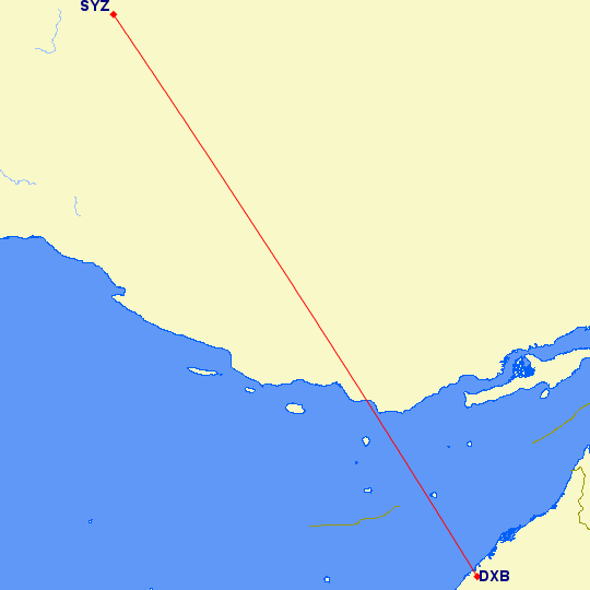 shortest flight path from Dubai to Shiraz (Iran)