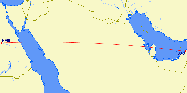 shortest flight path from Dubai to Sohag (Egypt)