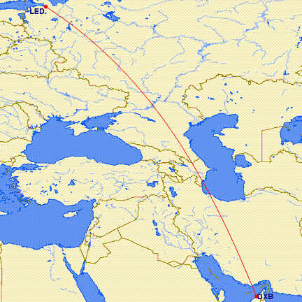 flight path from Dubai to St Petersburg (Russia)