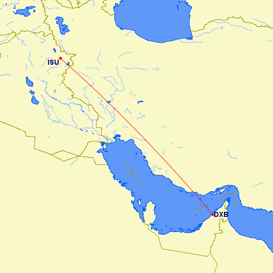 shortest flight path from Dubai to Sulaimaniyah (Iraqi Kurdistan)
