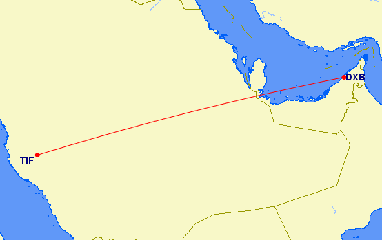 shortest flight path from Dubai to Taif (Saudi Arabia)