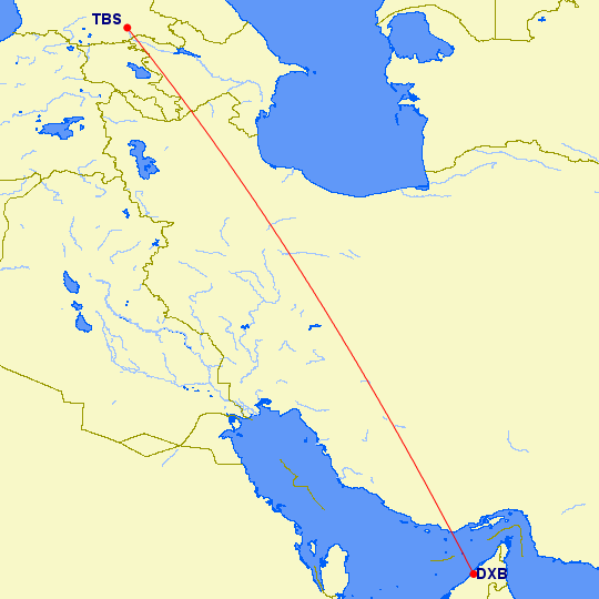 flight path from Dubai to Tbilisi, Georgia 