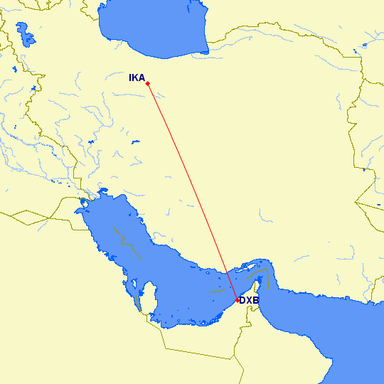 shortest flight path from Dubai to Tehran (Iran)