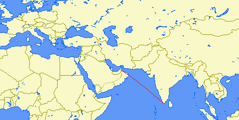 flight path from Dubai to Thiruvananthapuram (India)
