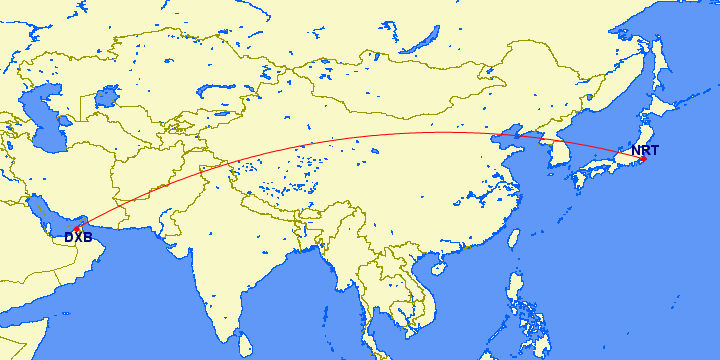 flight path from Dubai to Tokyo (Japan)
