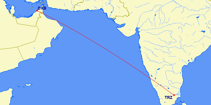 shortest flight path from Dubai to Trichy/Tiruchirappalli (India)