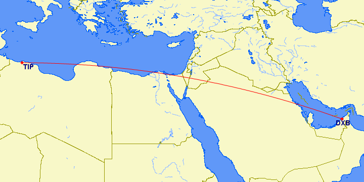 shortest flight path from Dubai to Tripoli (Libya)
