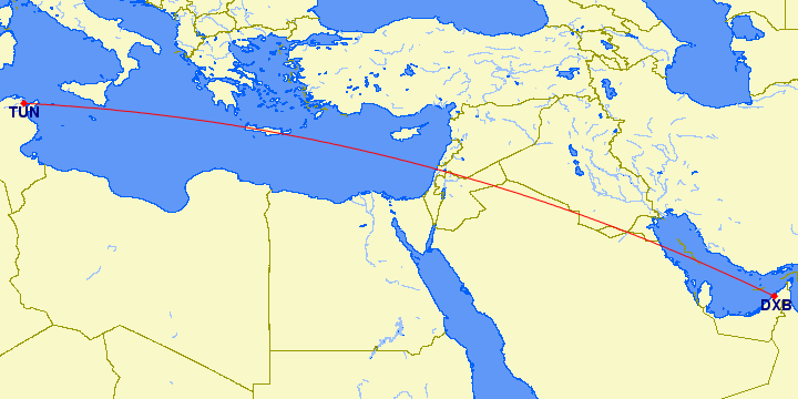 shortest flight path from Dubai to Tunis (Tunisia)