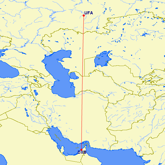 shortest flight path from Dubai to Ufa (Russia)