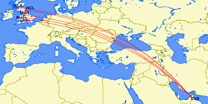 map of flight routes from Dubai to the United Kingdom