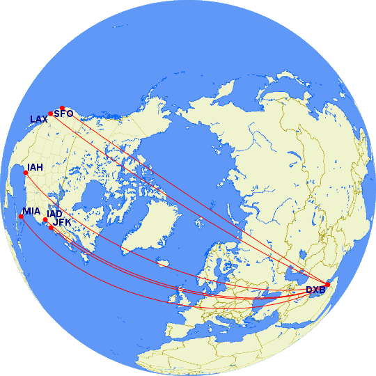 map of flight routes from Dubai to the United States