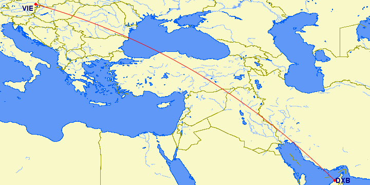 shortest flight path from Dubai to Vienna (Austria)