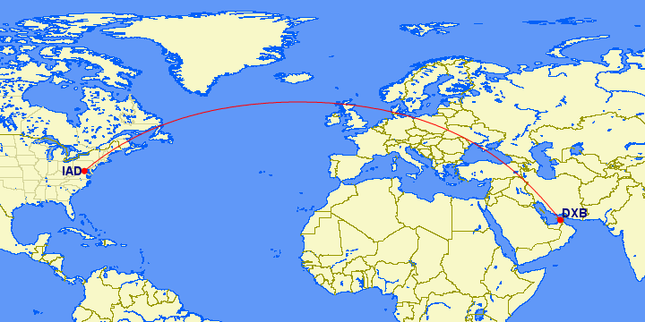 shortest flight path from Dubai to Washington (USA)