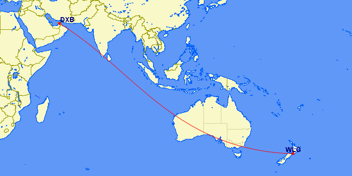 shortest flight path from Dubai to Wellington (New Zealand)