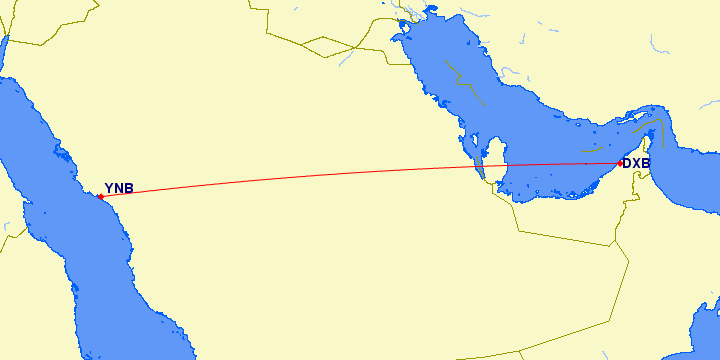 shortest flight path from Dubai to Yanbu (Saudi Arabia)