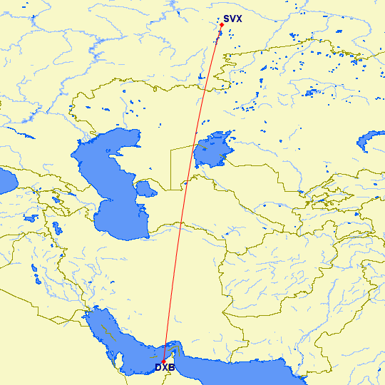 shortest flight path from Dubai to Yekaterinburg (Russia)