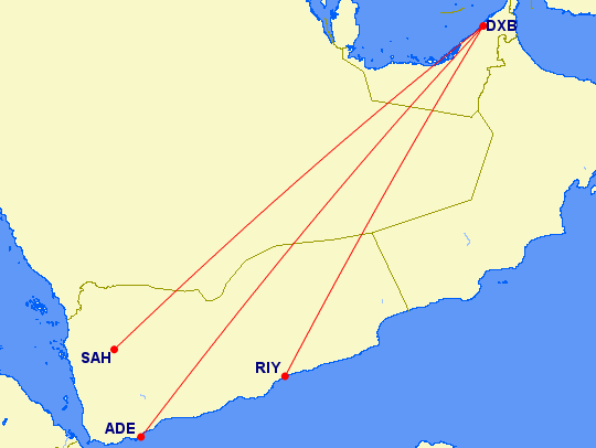 map of flight routes from Dubai to Yemen