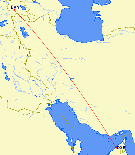 shortest flight path from Dubai to Yerevan (Armenia)