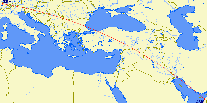 shortest flight path from Dubai to Zurich (Switzerland)